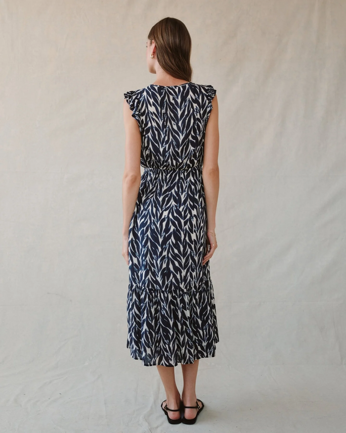 Ruffle Midi Dress - Navy Leaves Print