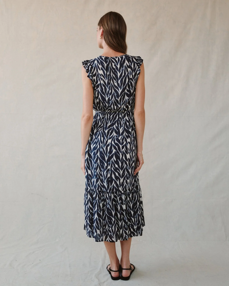 Ruffle Midi Dress - Navy Leaves Print