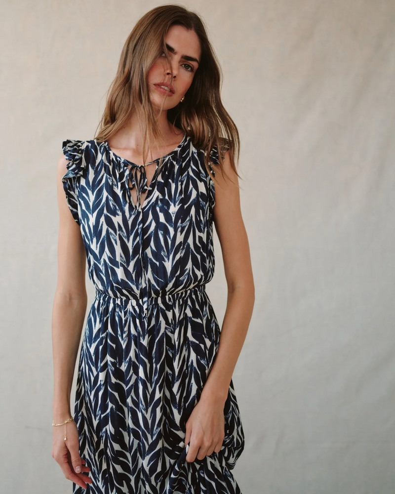 Ruffle Midi Dress - Navy Leaves Print