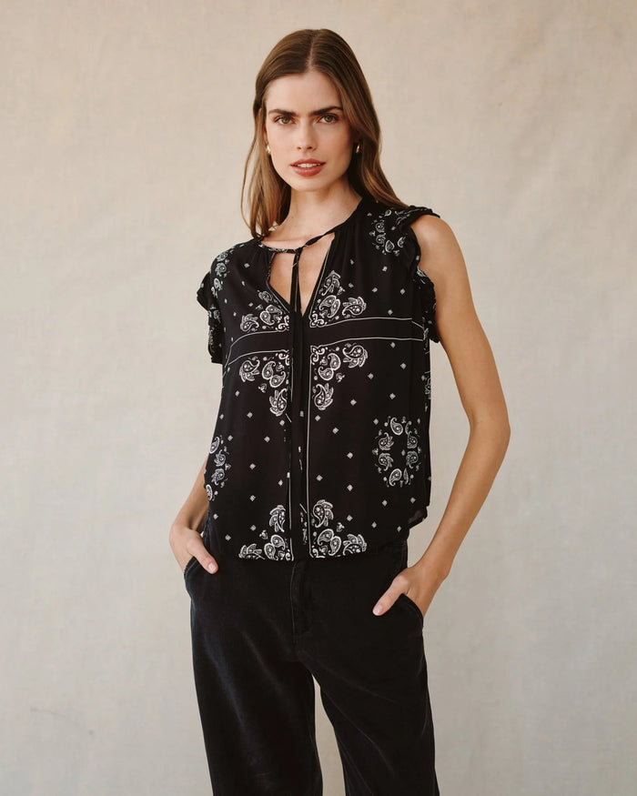 Ruffle Sleeve Tie Neck Top - Bandana Print