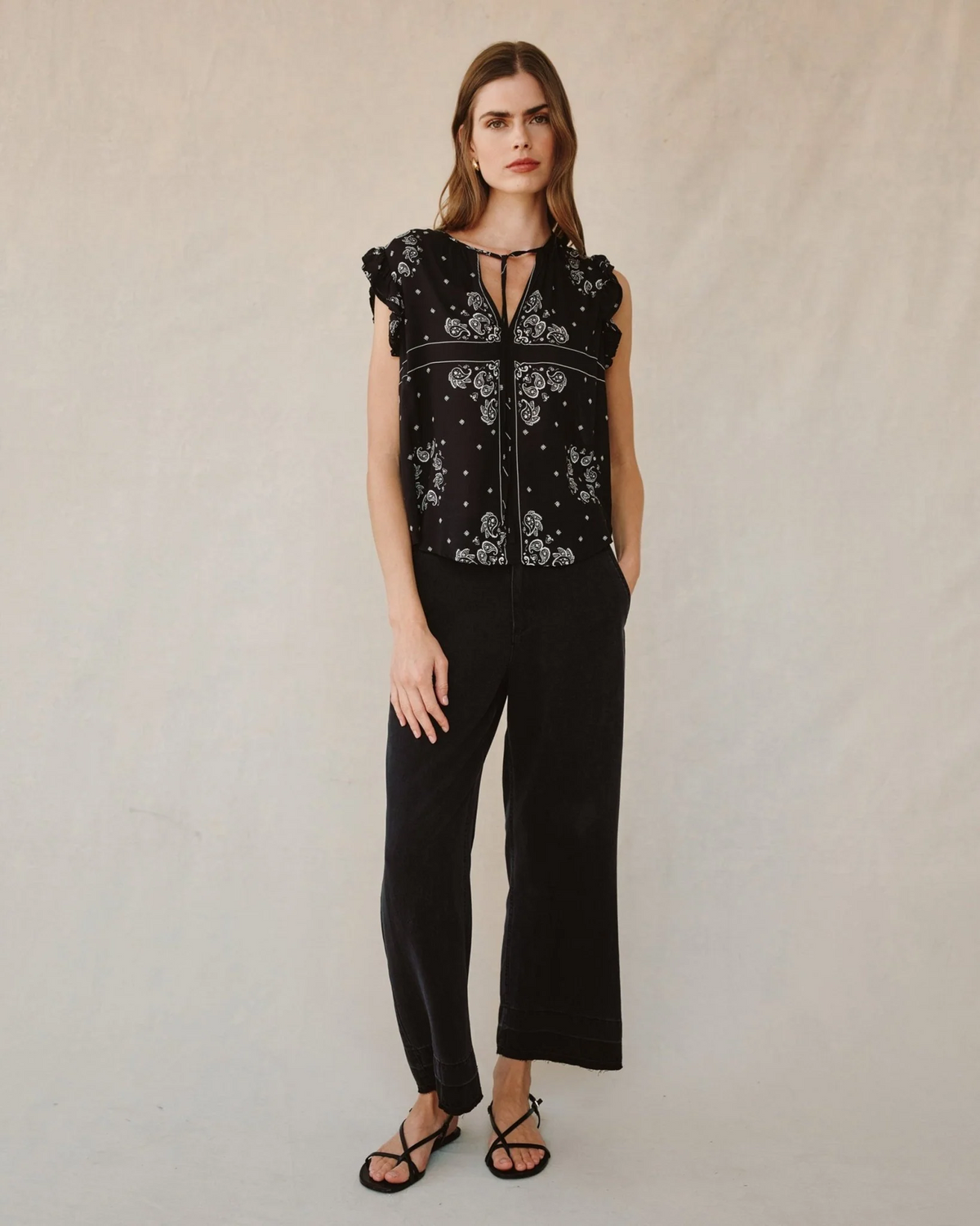 Ruffle Sleeve Tie Neck Top - Bandana Print