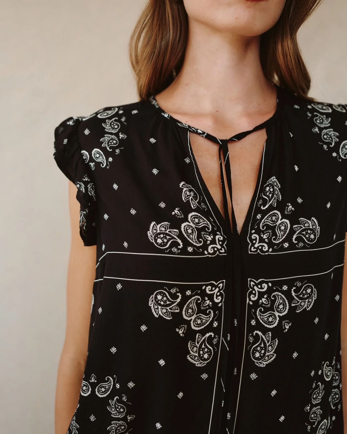 Ruffle Sleeve Tie Neck Top - Bandana Print