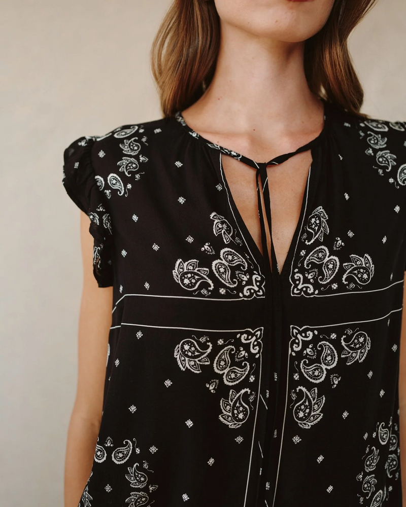 Ruffle Sleeve Tie Neck Top - Bandana Print