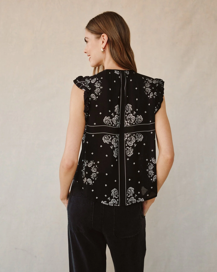Ruffle Sleeve Tie Neck Top - Bandana Print