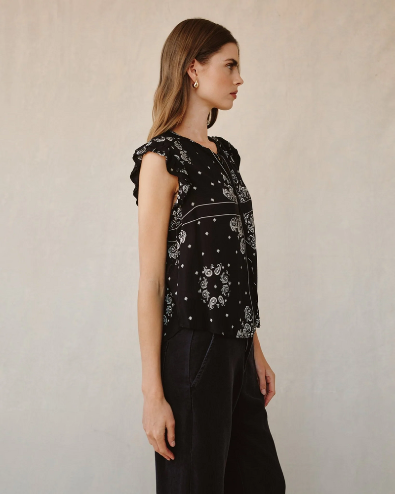 Ruffle Sleeve Tie Neck Top - Bandana Print