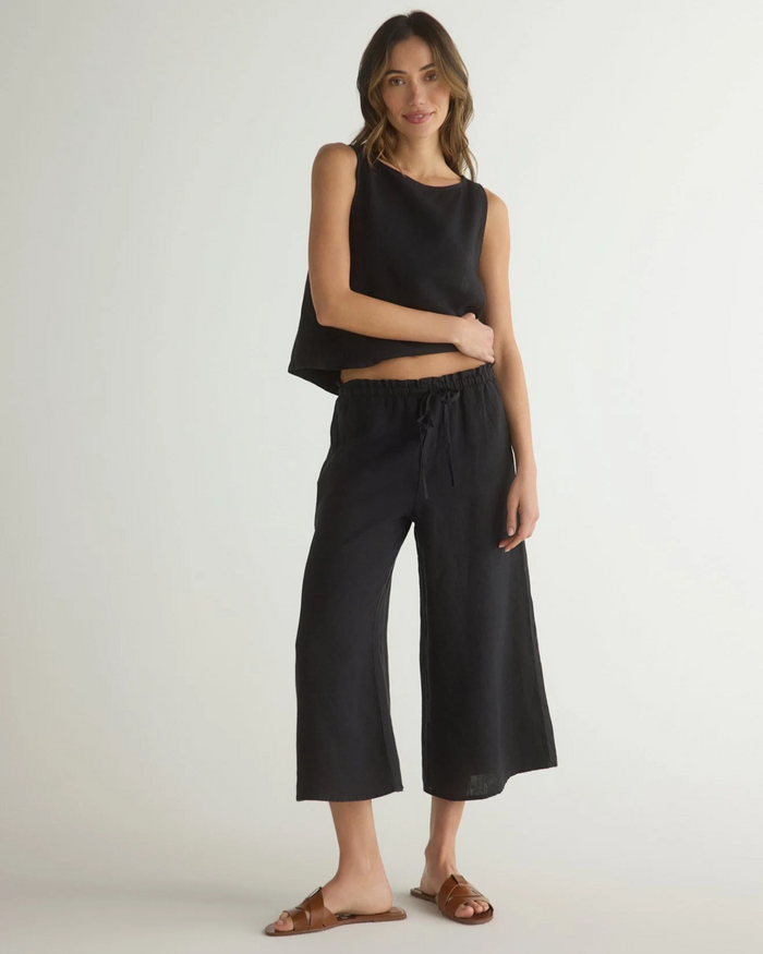 Ruffle Waist Wide Leg Crop - Black