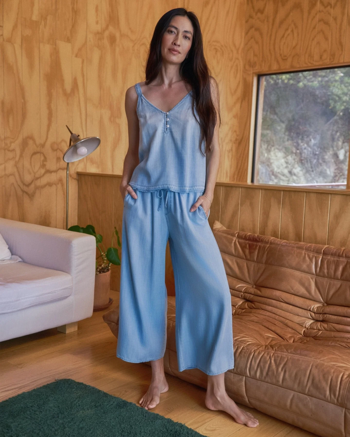 Ruffle Waist Wide Leg Crop - Light Riviera Wash
