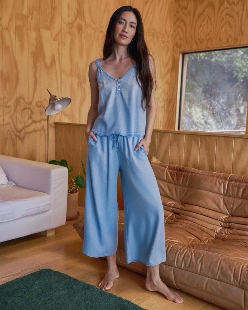 Ruffle Waist Wide Leg Crop - Light Riviera Wash