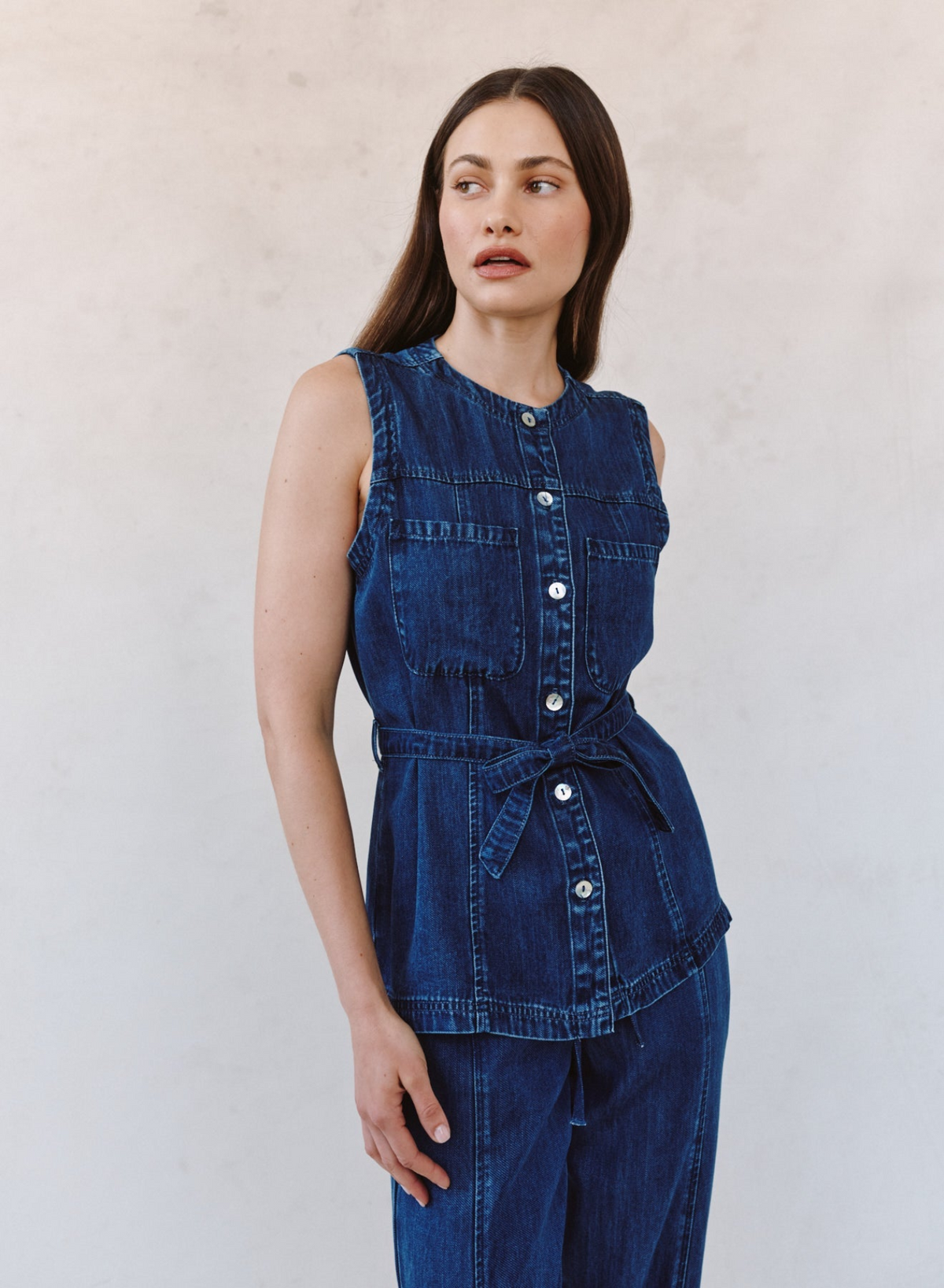 Seamed Belted Vest - Horizon Blue Wash