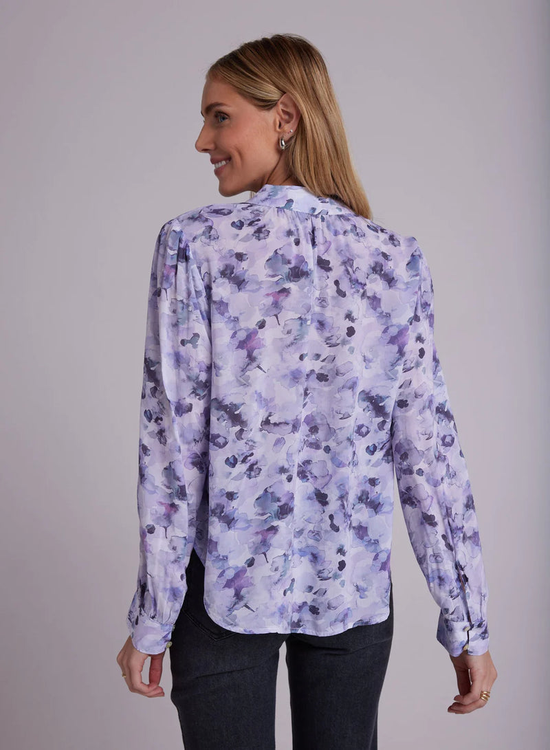 Shirred Button Up Blouse - Lilac Floret Print