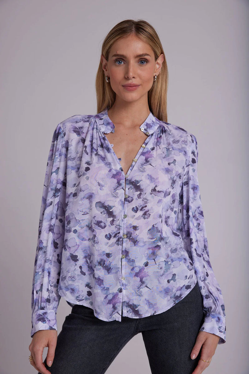 Shirred Button Up Blouse - Lilac Floret Print