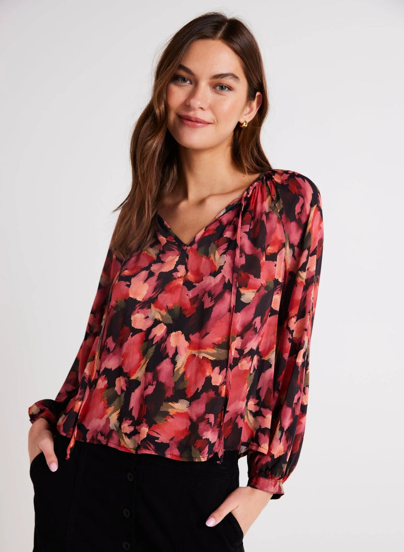 Shirred Raglan Tie Front Blouse - Autumn Bloom Print