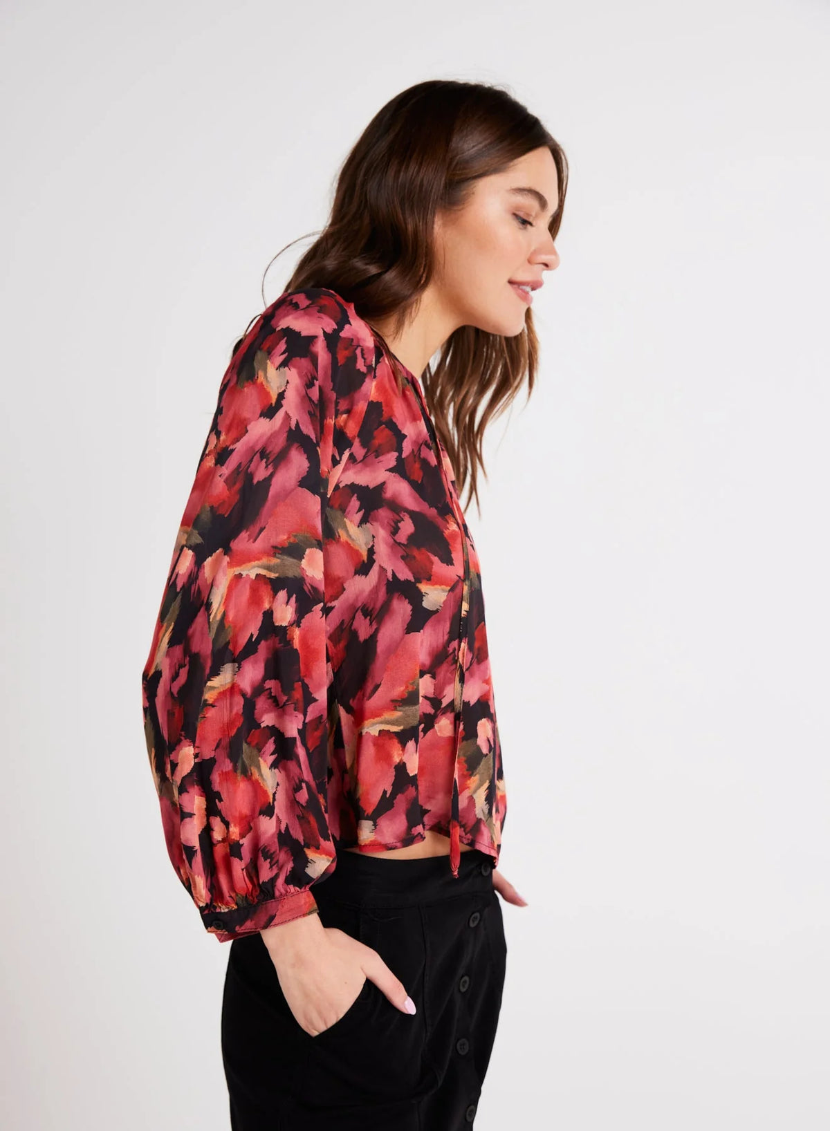 Shirred Raglan Tie Front Blouse - Autumn Bloom Print