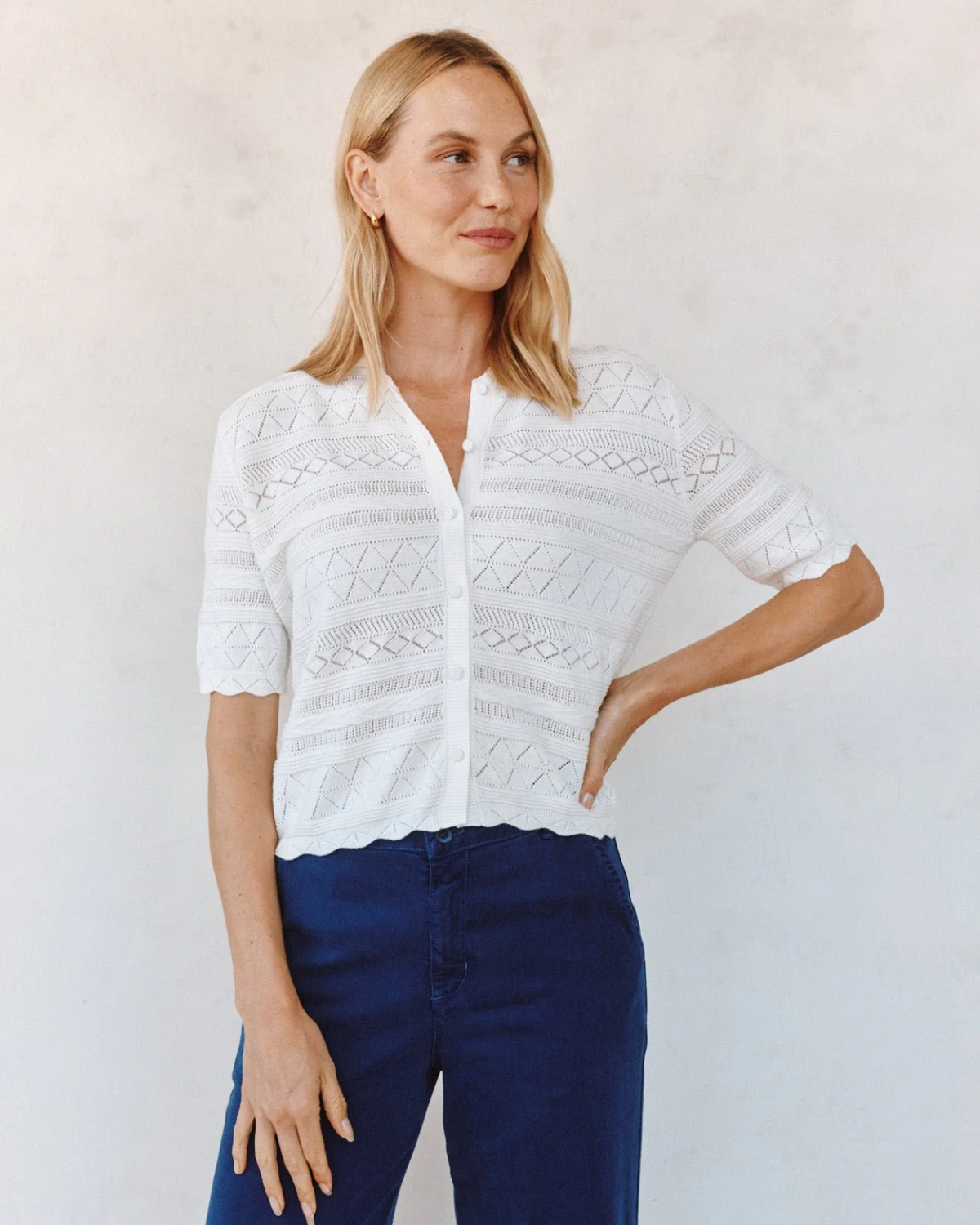 Short Sleeve Button Down Sweater - Ecru Ivory