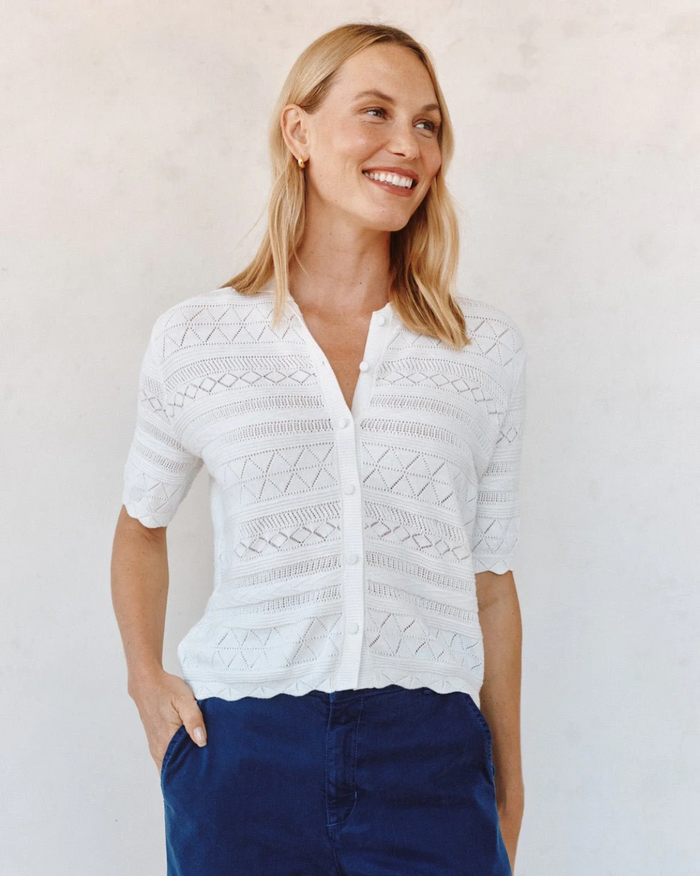 Short Sleeve Button Down Sweater - Ecru Ivory