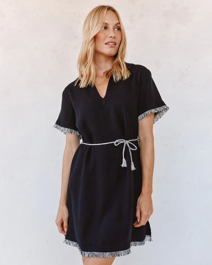 Short Sleeve Fray Edge Mini Dress - Black