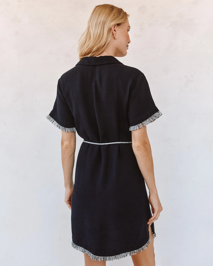 Short Sleeve Fray Edge Mini Dress - Black