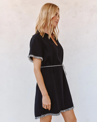Short Sleeve Fray Edge Mini Dress - Black