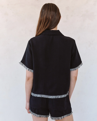 Short Sleeve Fray Trim Shirt - Black