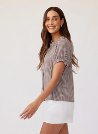 Short Sleeve Raglan Shirt - Brown Micro Gingham