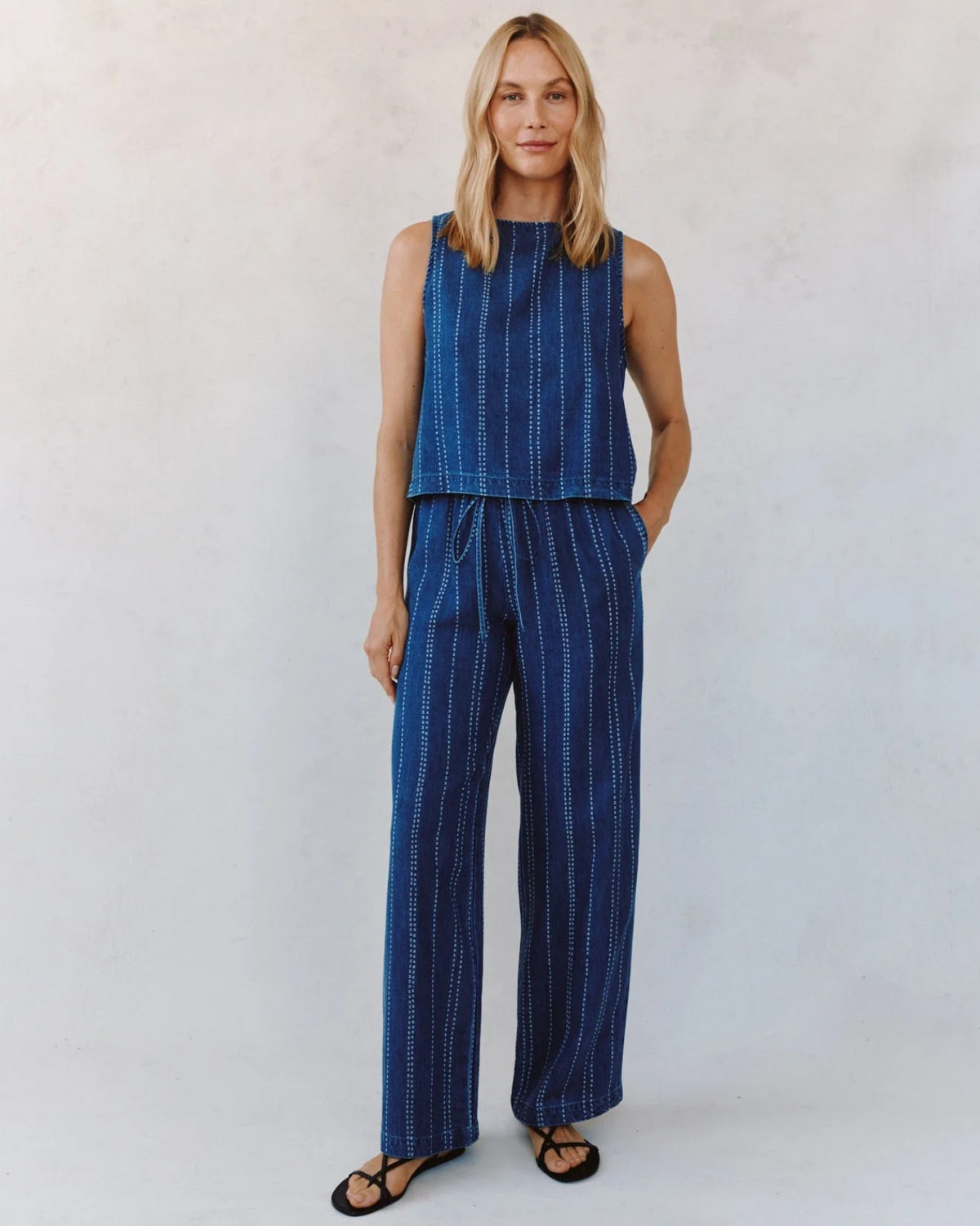 Sleeveless Button Back Top - Indigo Stripe