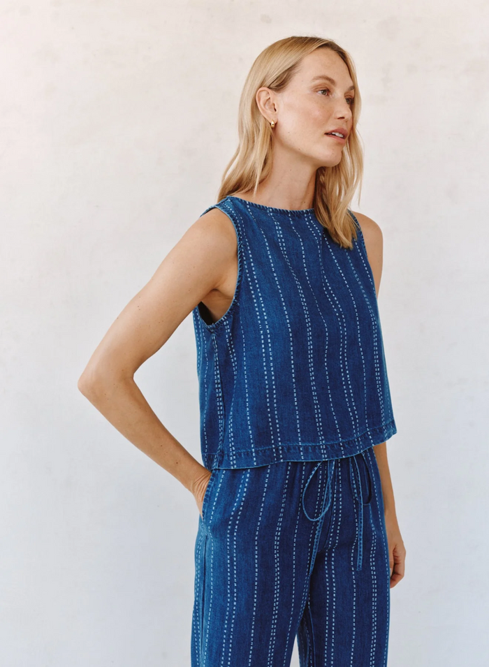 Sleeveless Button Back Top - Indigo Stripe