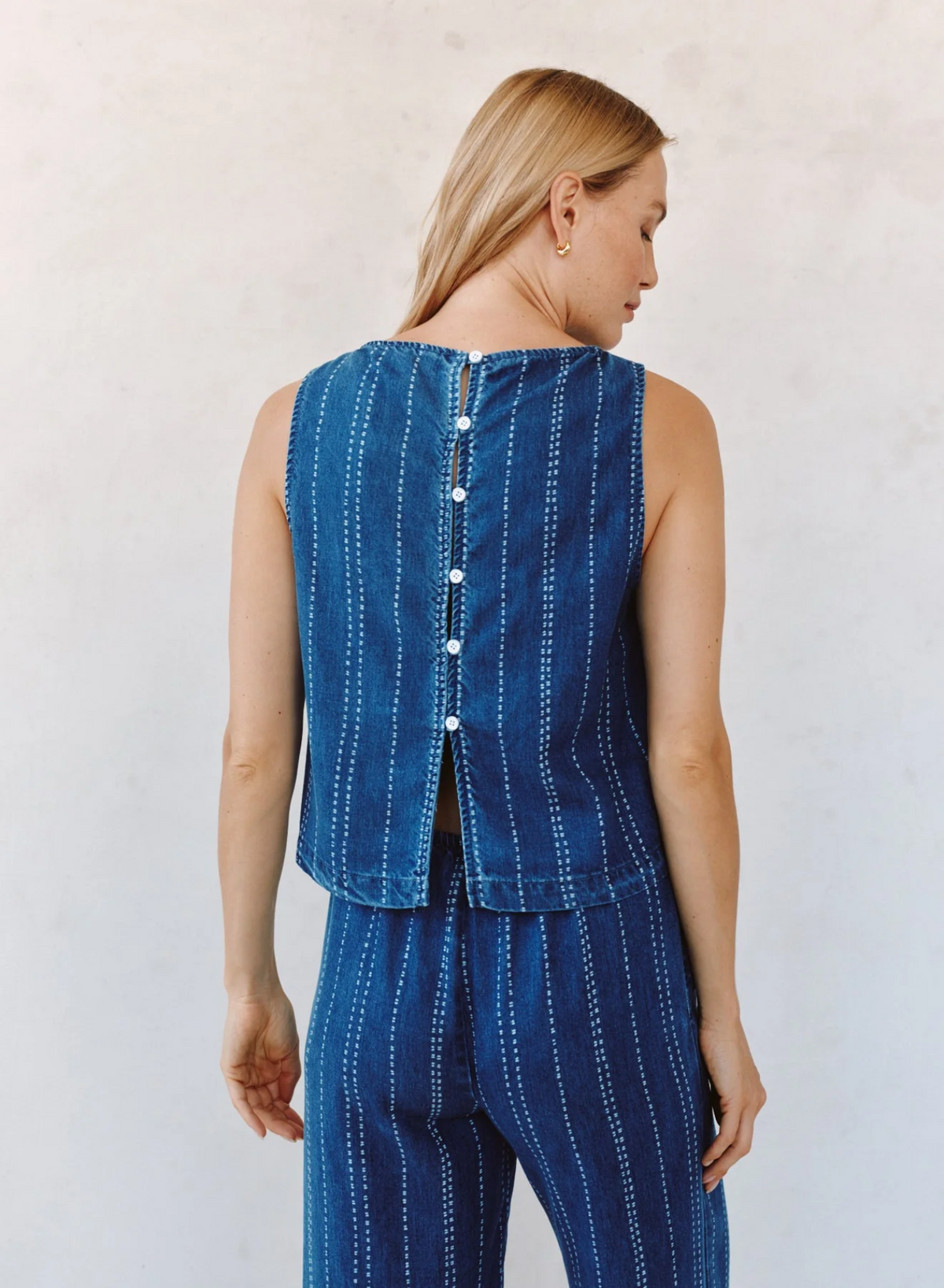 Sleeveless Button Back Top - Indigo Stripe