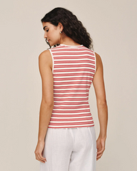 Sleeveless Fitted Button Down Top - Sunset Sail Stripe