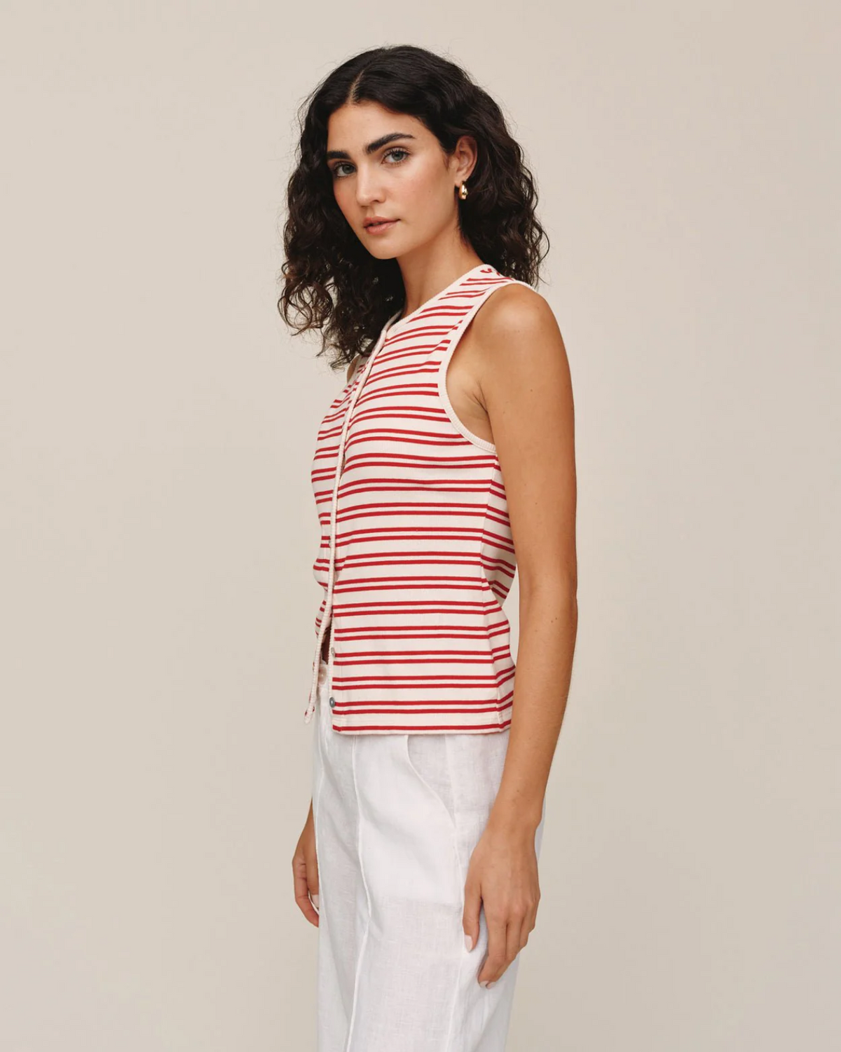 Sleeveless Fitted Button Down Top - Sunset Sail Stripe