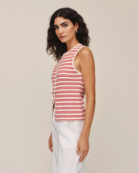 Sleeveless Fitted Button Down Top - Sunset Sail Stripe