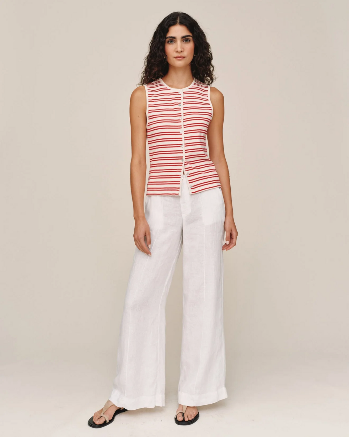 Sleeveless Fitted Button Down Top - Sunset Sail Stripe