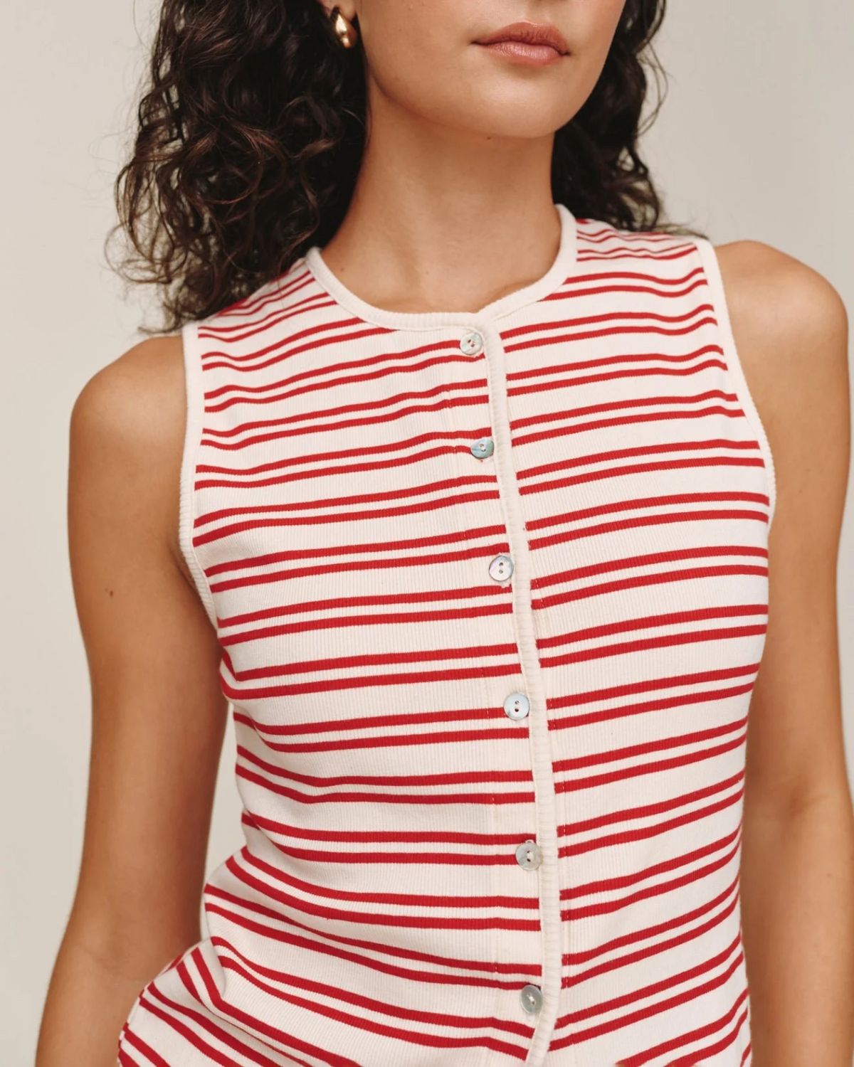 Sleeveless Fitted Button Down Top - Sunset Sail Stripe