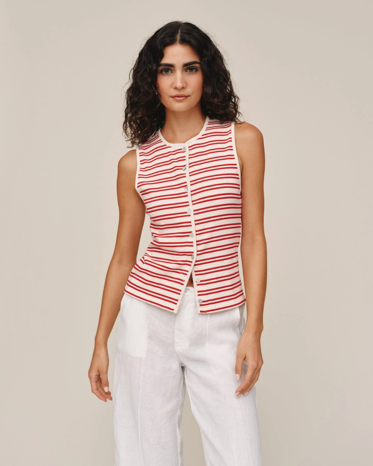 Sleeveless Fitted Button Down Top - Sunset Sail Stripe