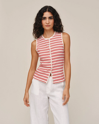 Sleeveless Fitted Button Down Top - Sunset Sail Stripe