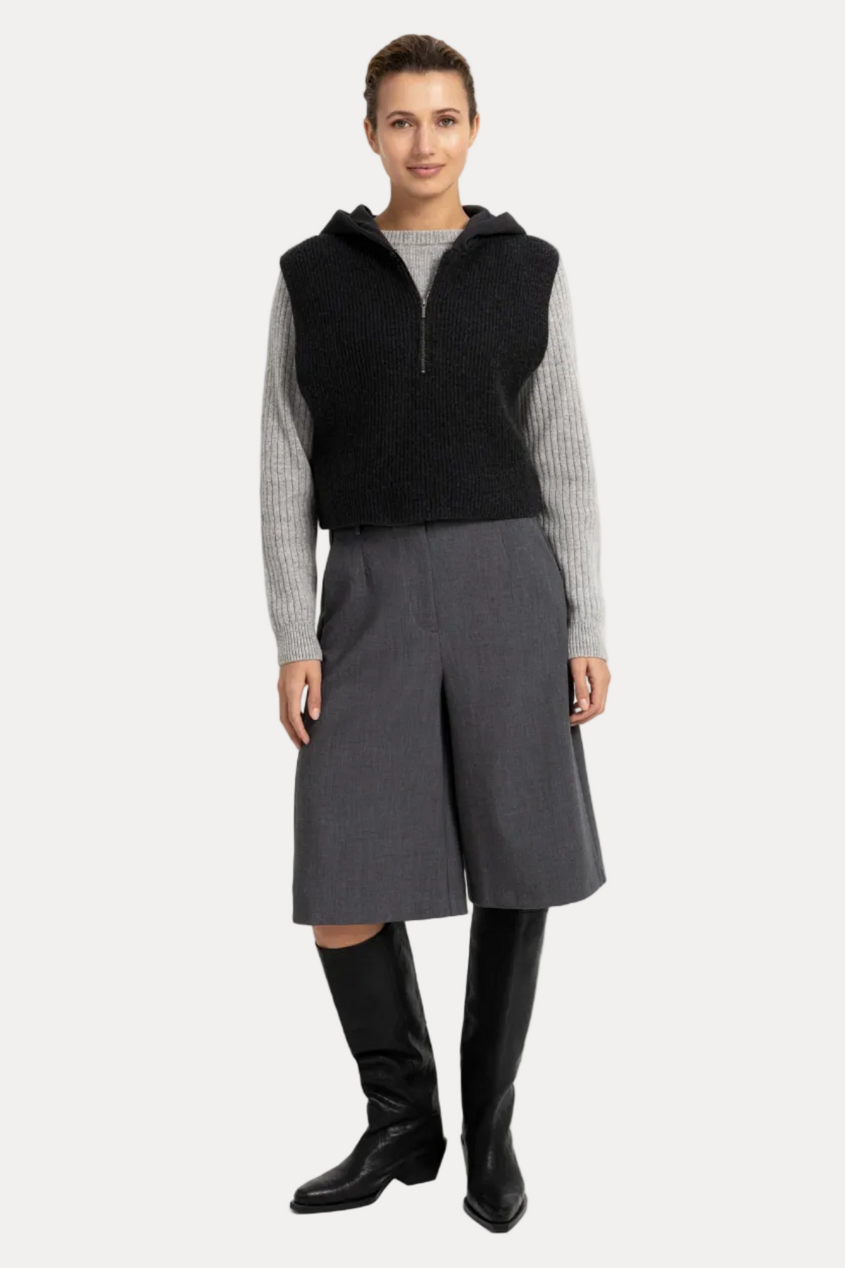 Sleeveless Knitted Top With Jersey Hoodie - Hole Black