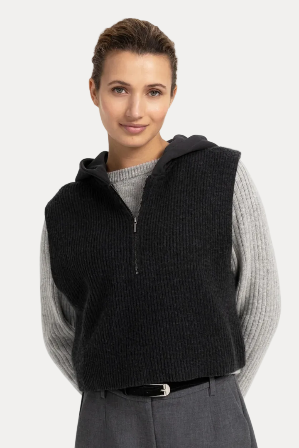 Sleeveless Knitted Top With Jersey Hoodie - Hole Black