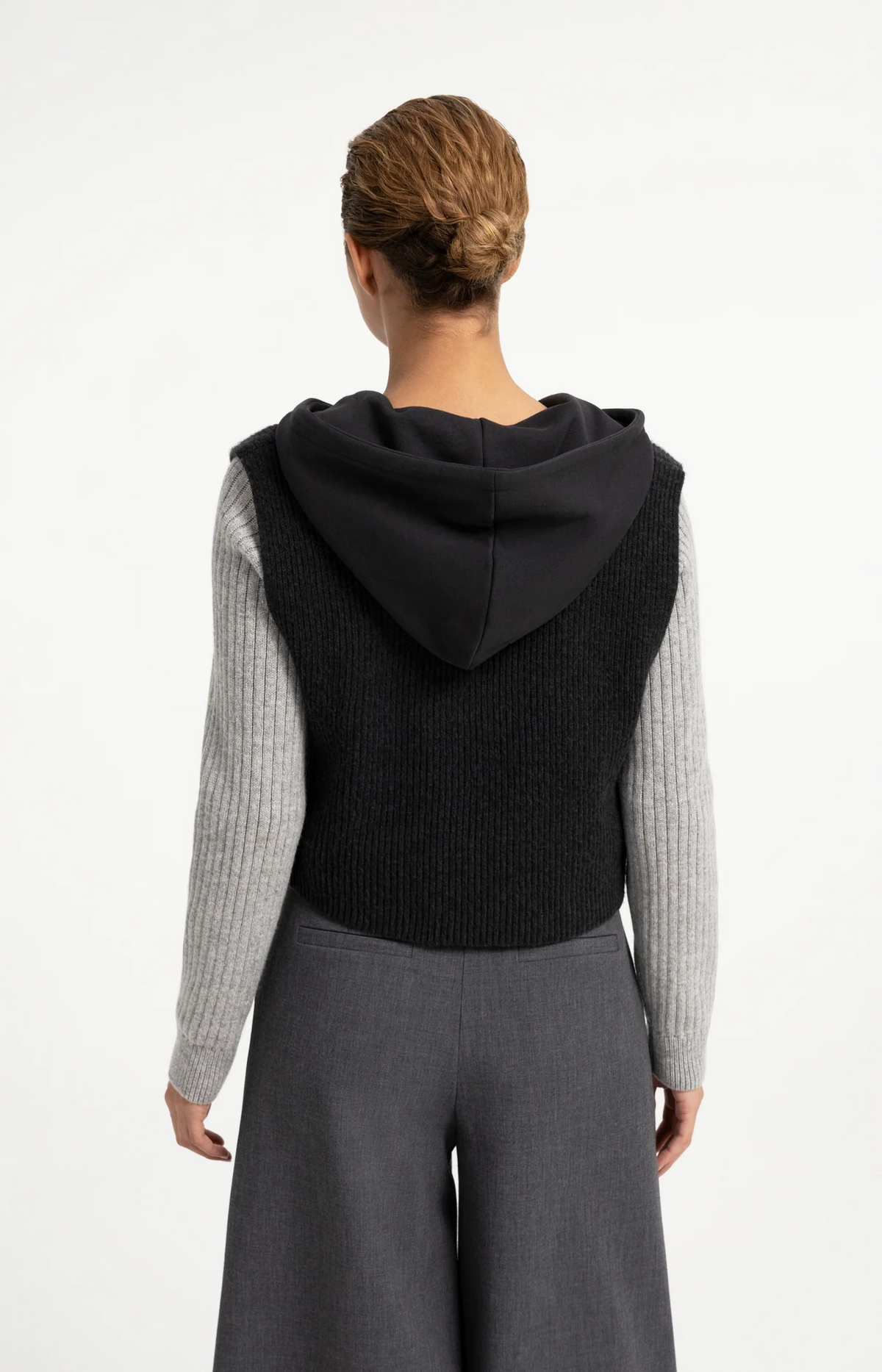 Sleeveless Knitted Top With Jersey Hoodie - Hole Black