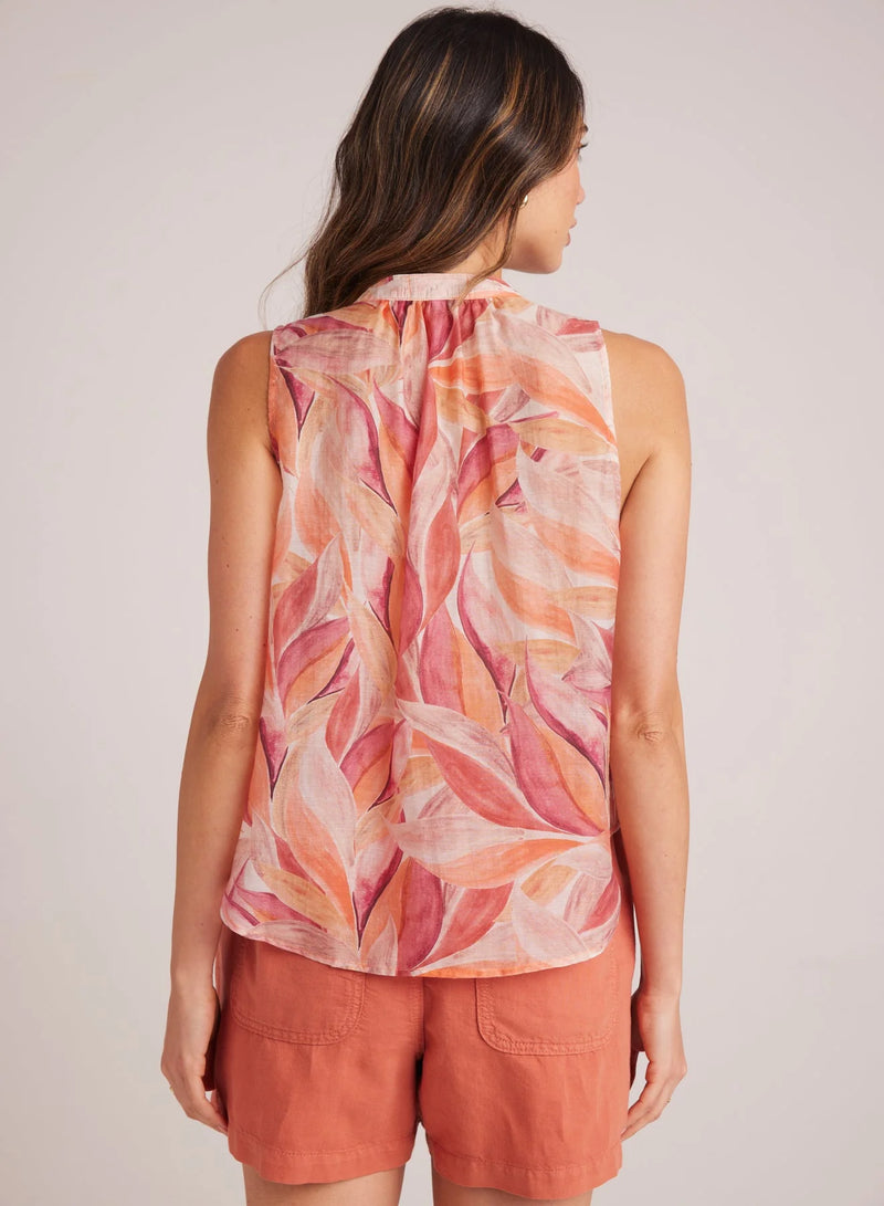 Sleeveless Shirred Shoulder Blouse - Painted Leaves Print