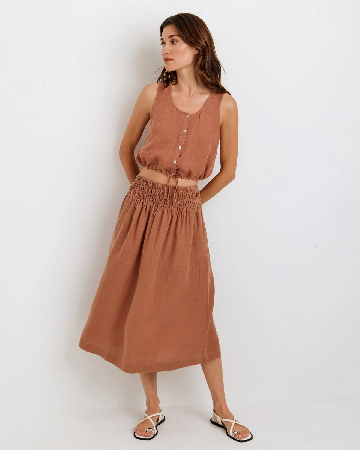 Smocked Waist Gathered Skirt - Coastal Brown