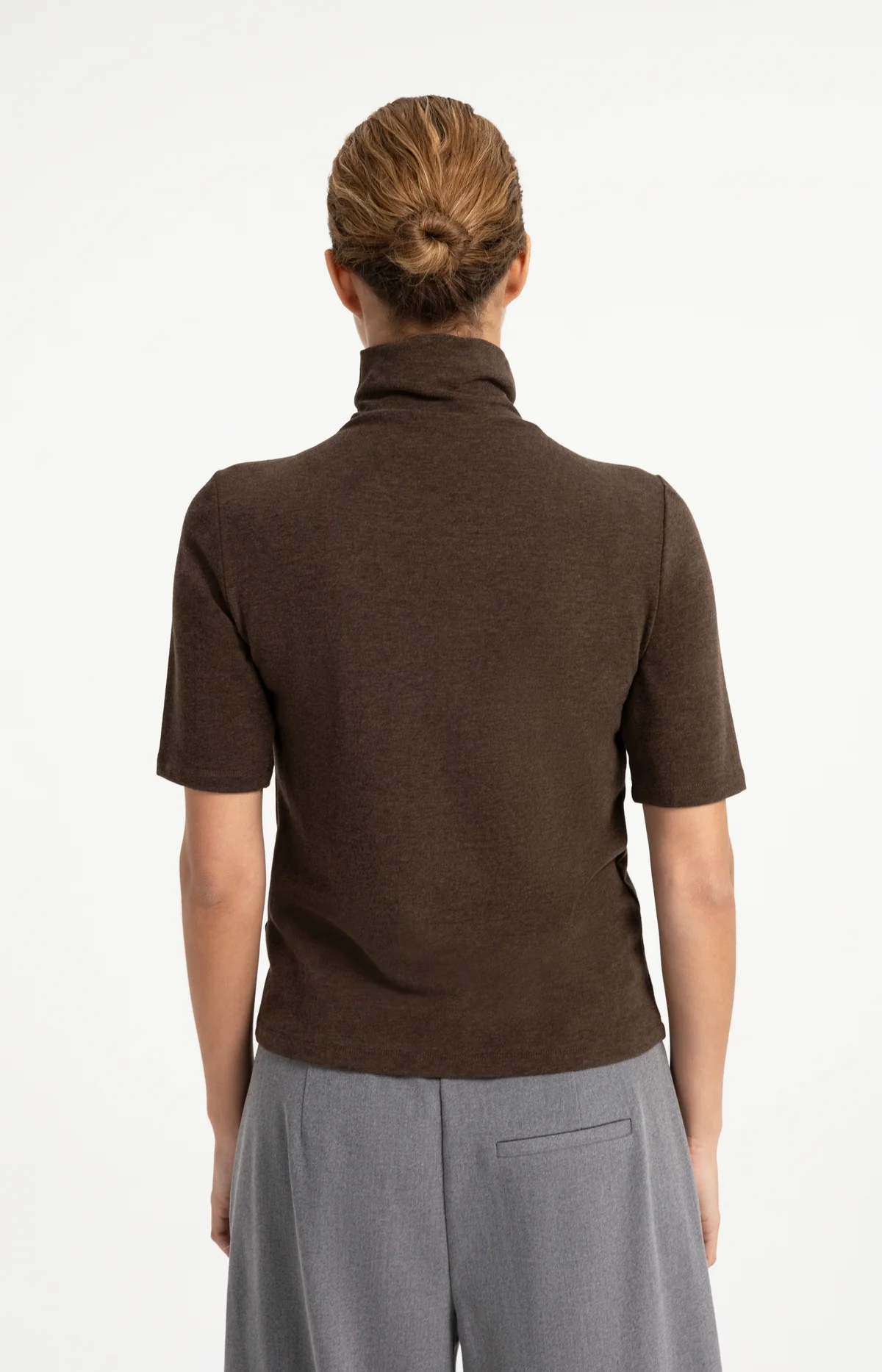 Soft Top With High Neck And Button Detail - Slate Black Brown Melange