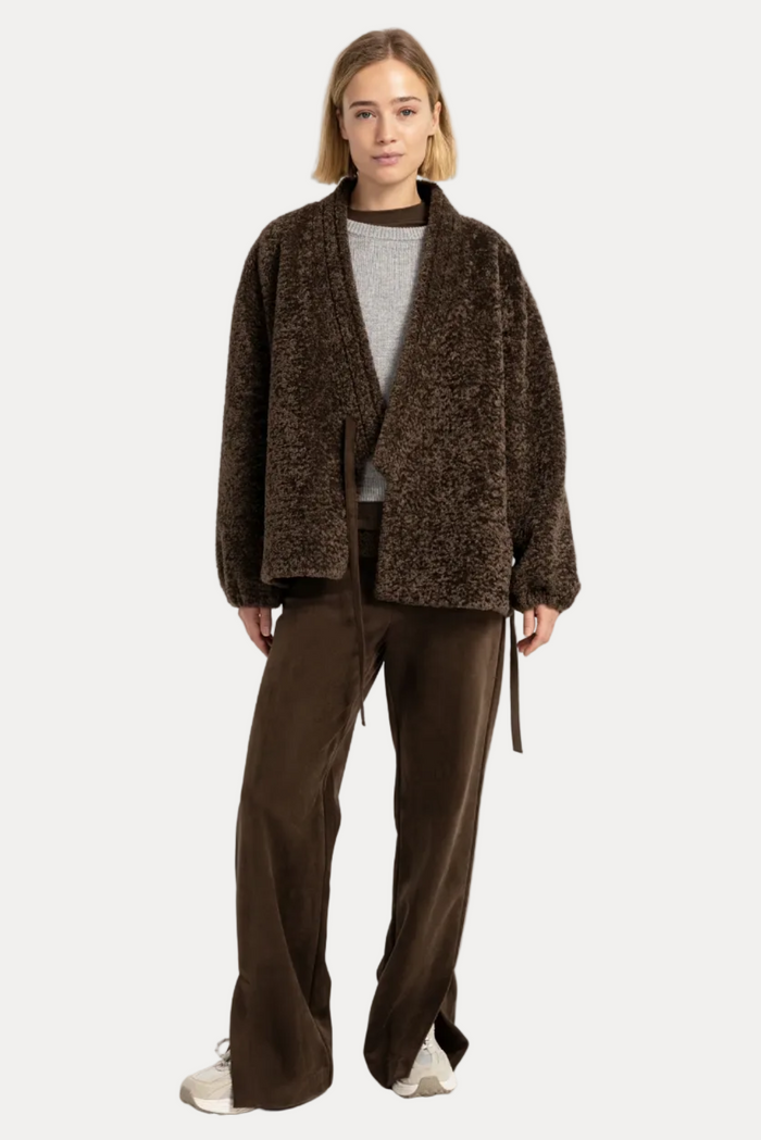 Teddy Wrap Jacket With Tie Closure - Slate Black Brown