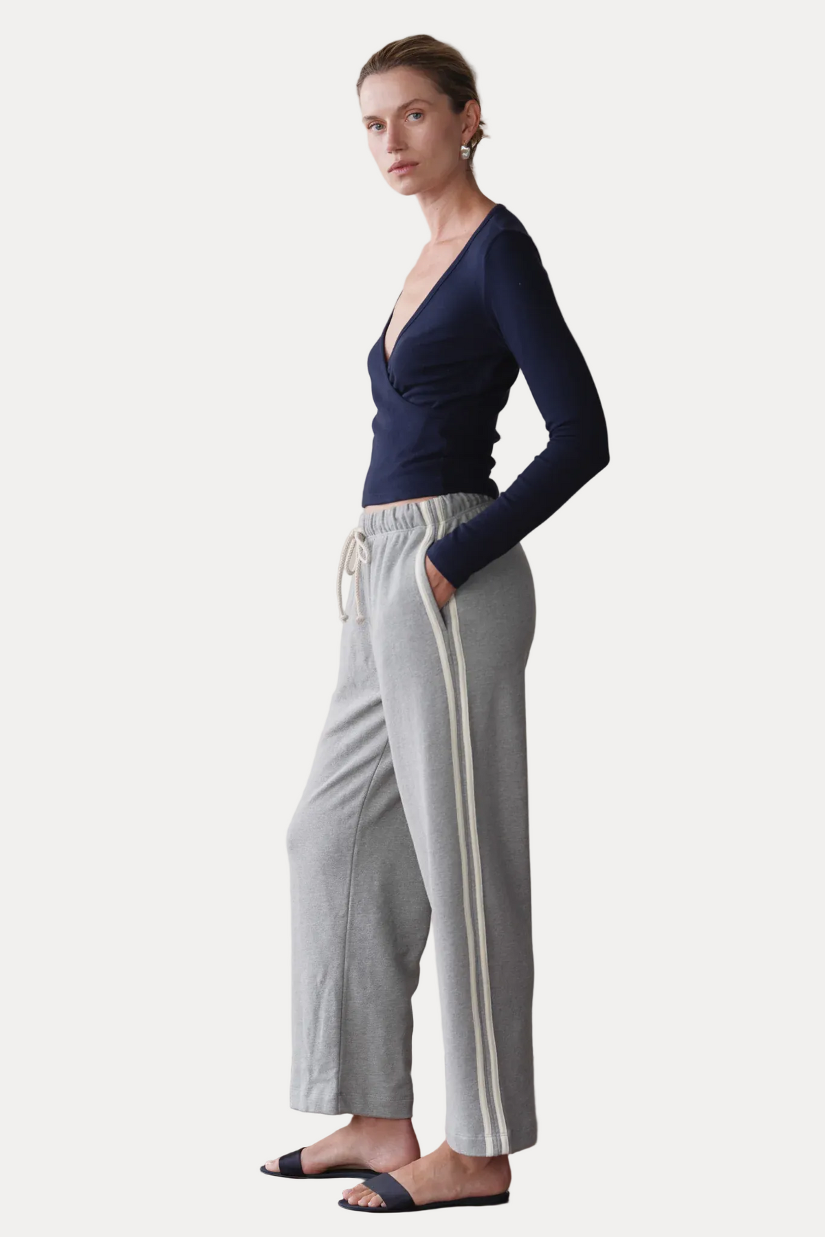 The Eco Terry Stripe Crop Pant - Heather Grey