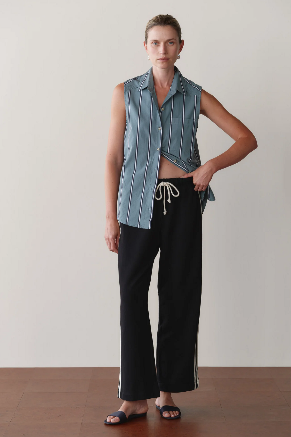 The Eco Terry Stripe Crop Pant - Jet
