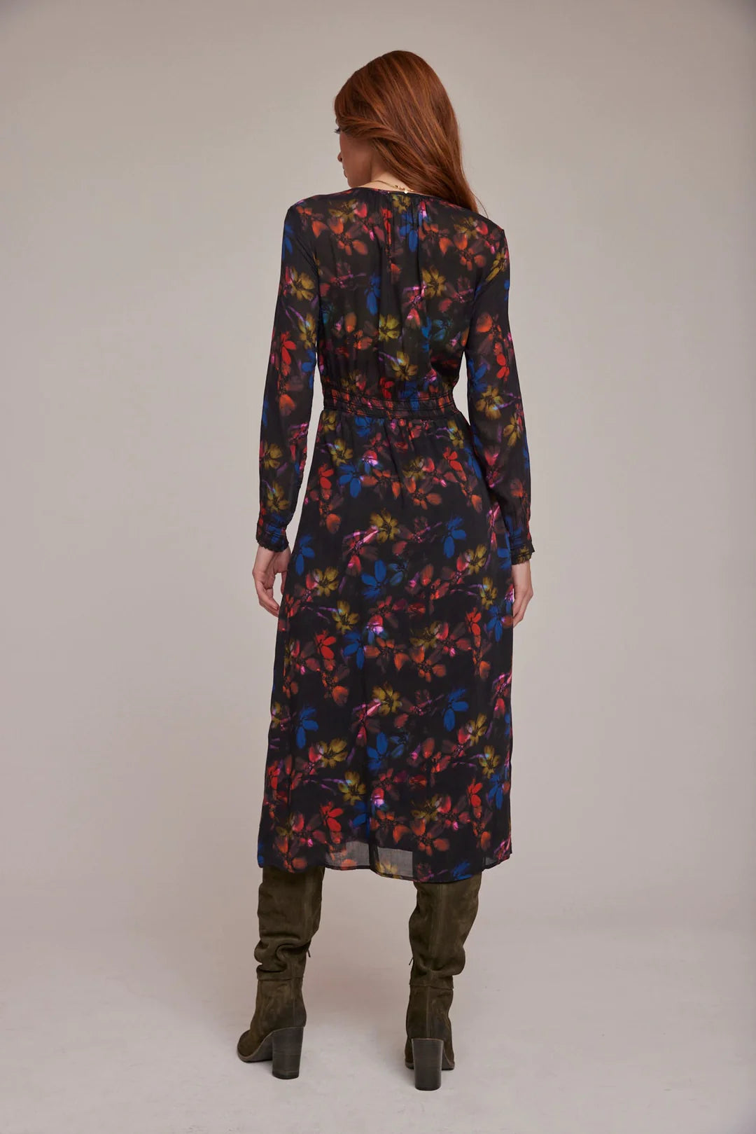 Tie Neck Midi Dress With Slit - Evening Garden Print