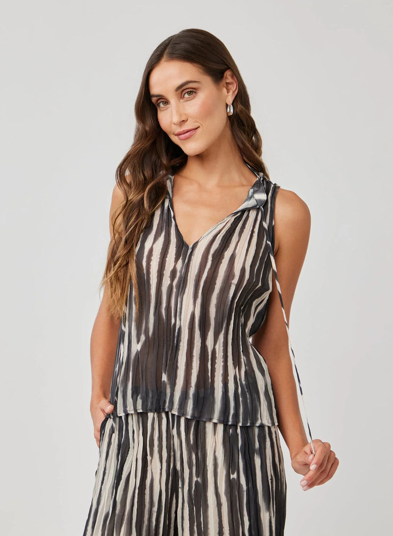 Tie Neck Pleated Top - Brushed Stripe Print