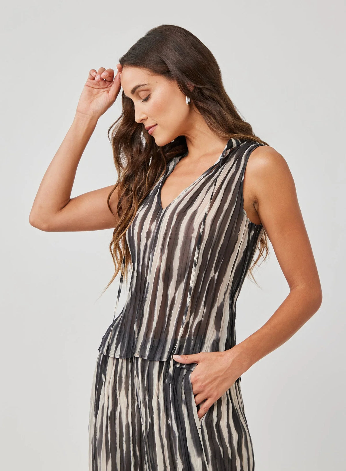 Tie Neck Pleated Top - Brushed Stripe Print