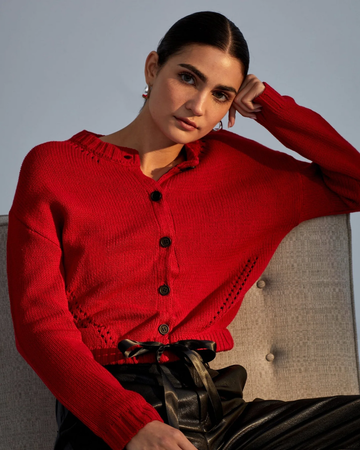 Tie Waist Cardigan - Crimson Cherry