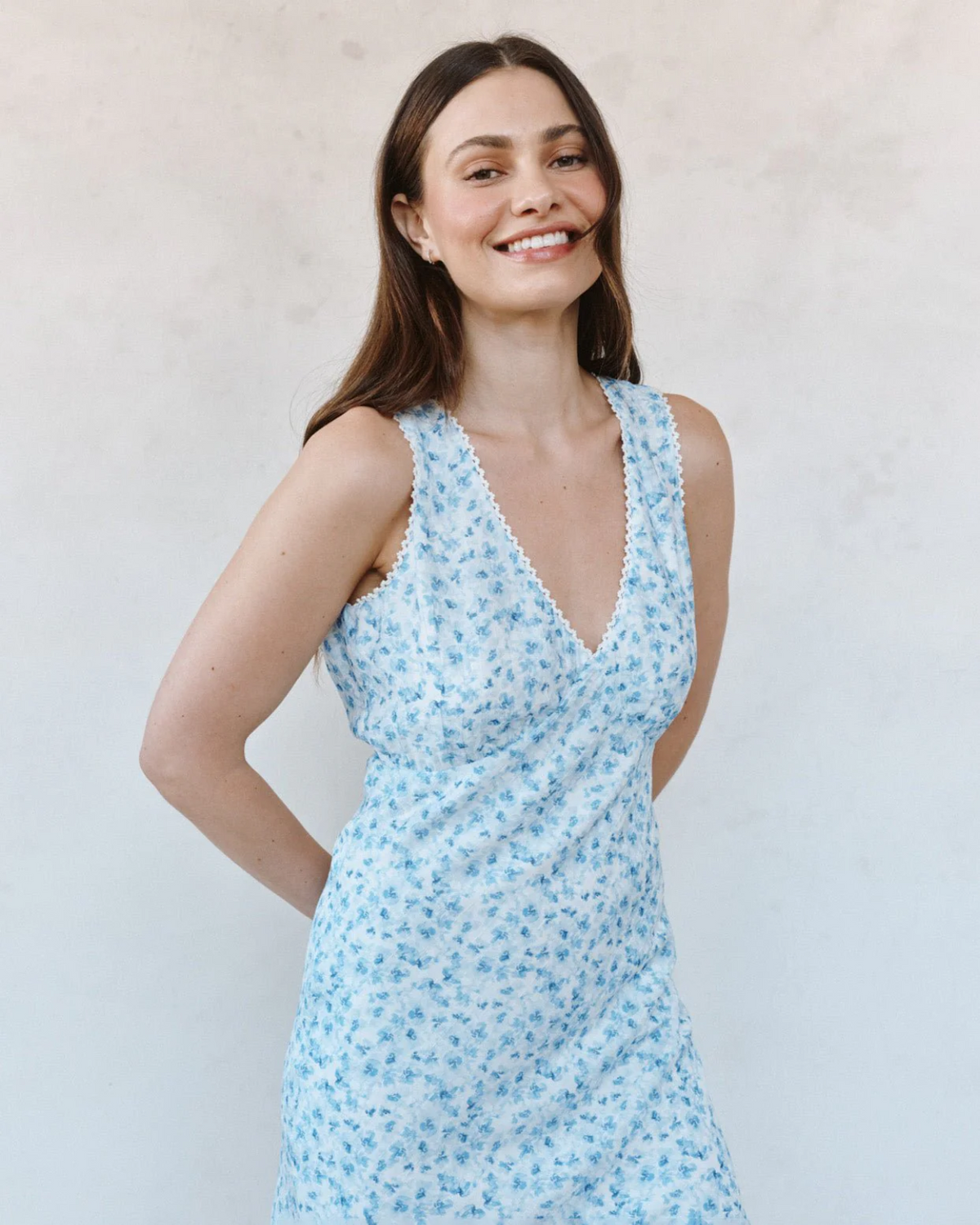 V-Neck Tie Back Bias Maxi Dress - Blue Ditsy Floral Print
