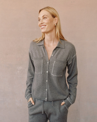 Whip Stitched Pocket Button Down Sweater - Heather Smoke