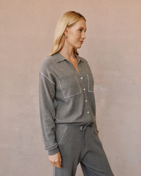 Whip Stitched Pocket Button Down Sweater - Heather Smoke